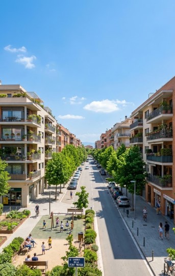 Avenidas arboladas, bloques residenciales y entorno tranquilo del barrio de Font Verda en Granollers